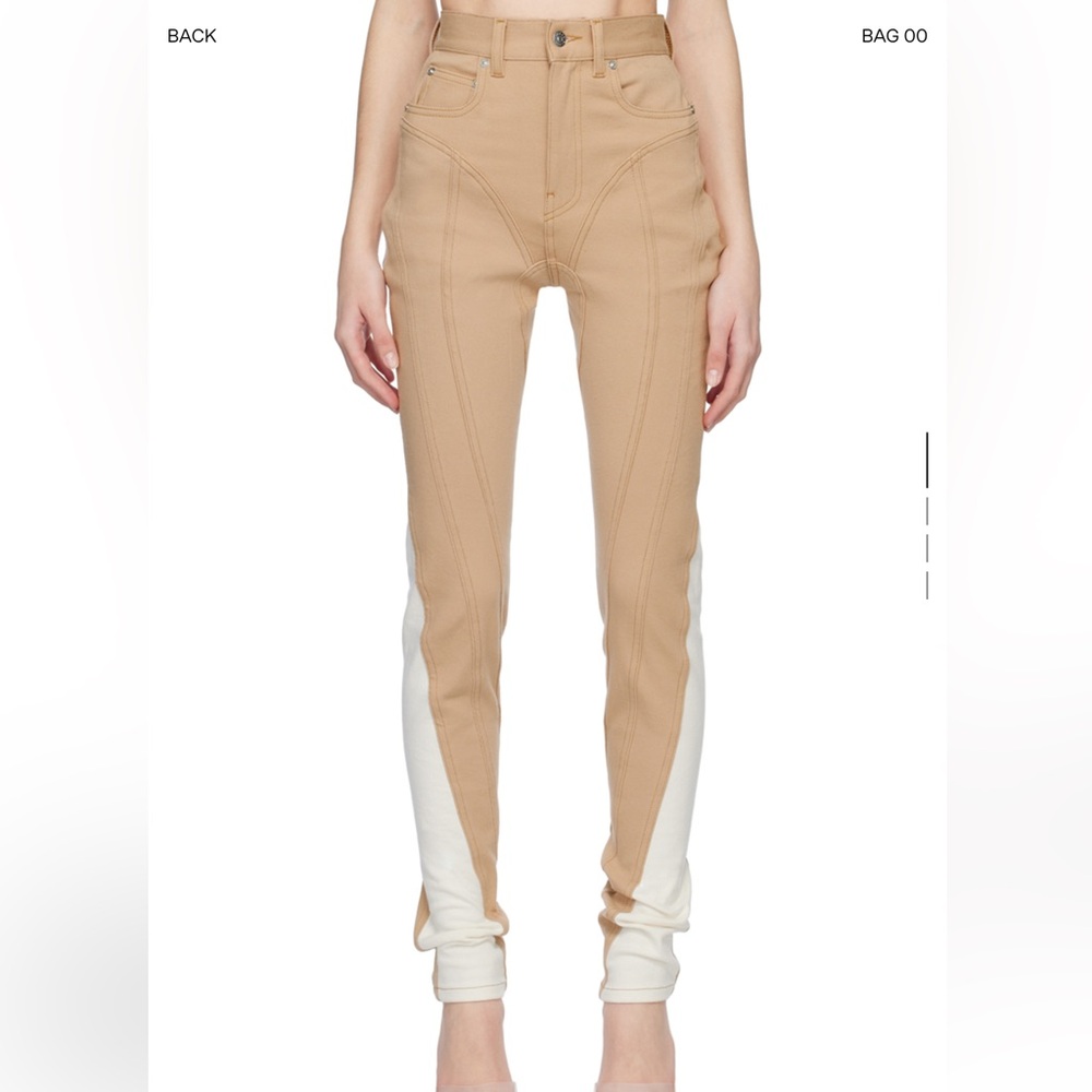 SSENSE MUGLER BEIGE AND WHITE SPIRAL JEANS